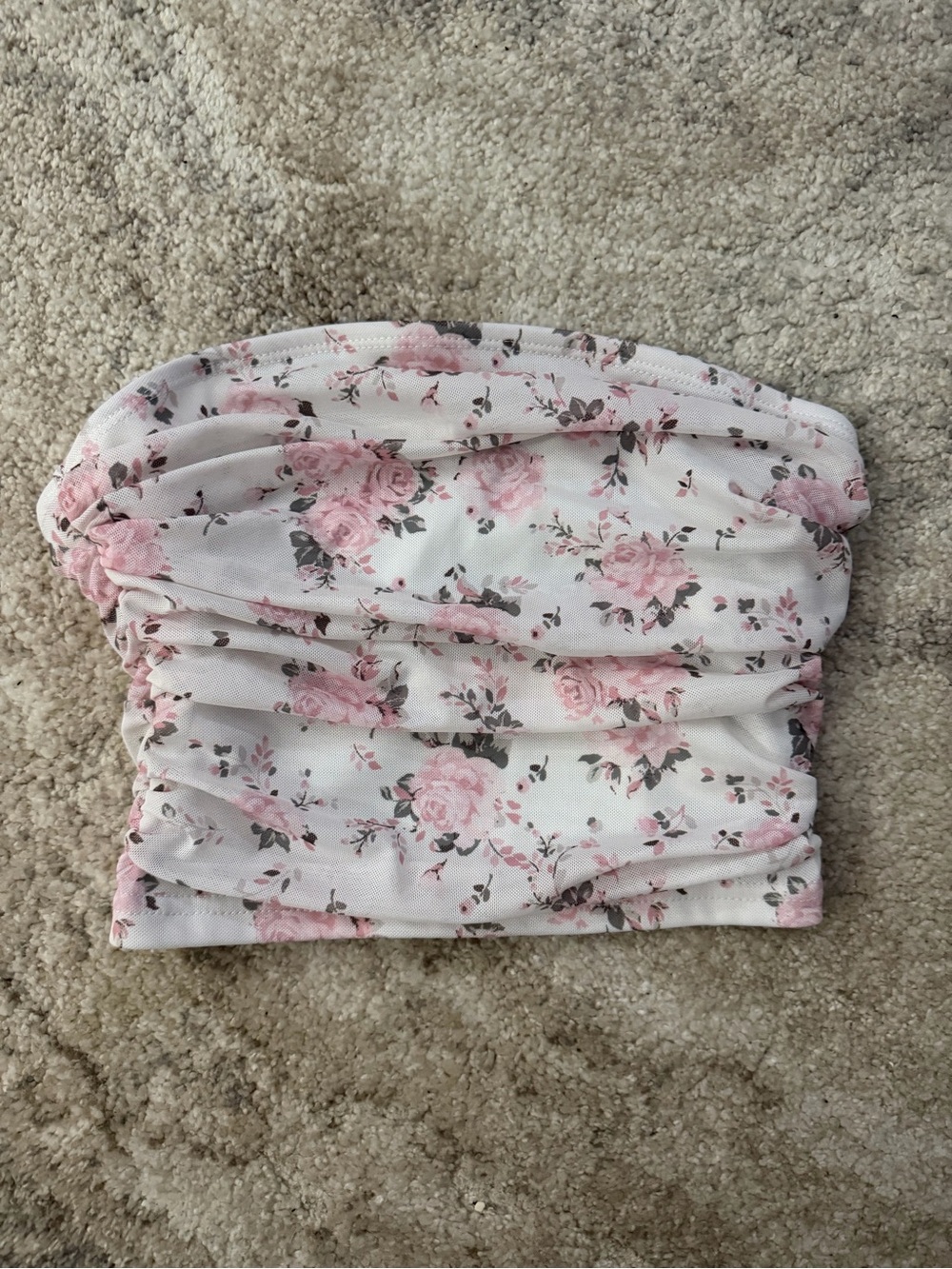 SHEIN White Floral Ruched Strapless Tube Top - Pink Roses